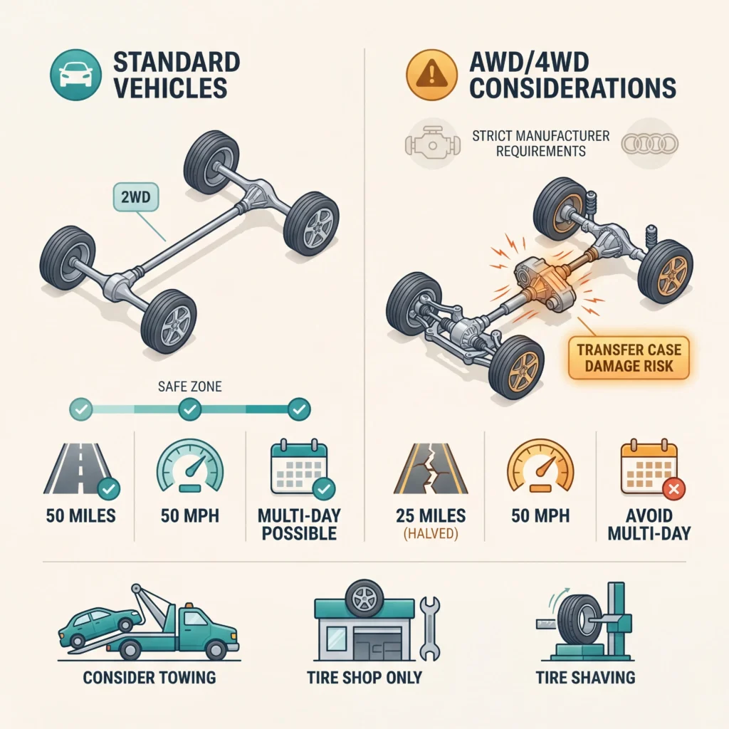 AWD and 4WD spare tire limits diagram showing halved distance recommendations and transfer case damage risks