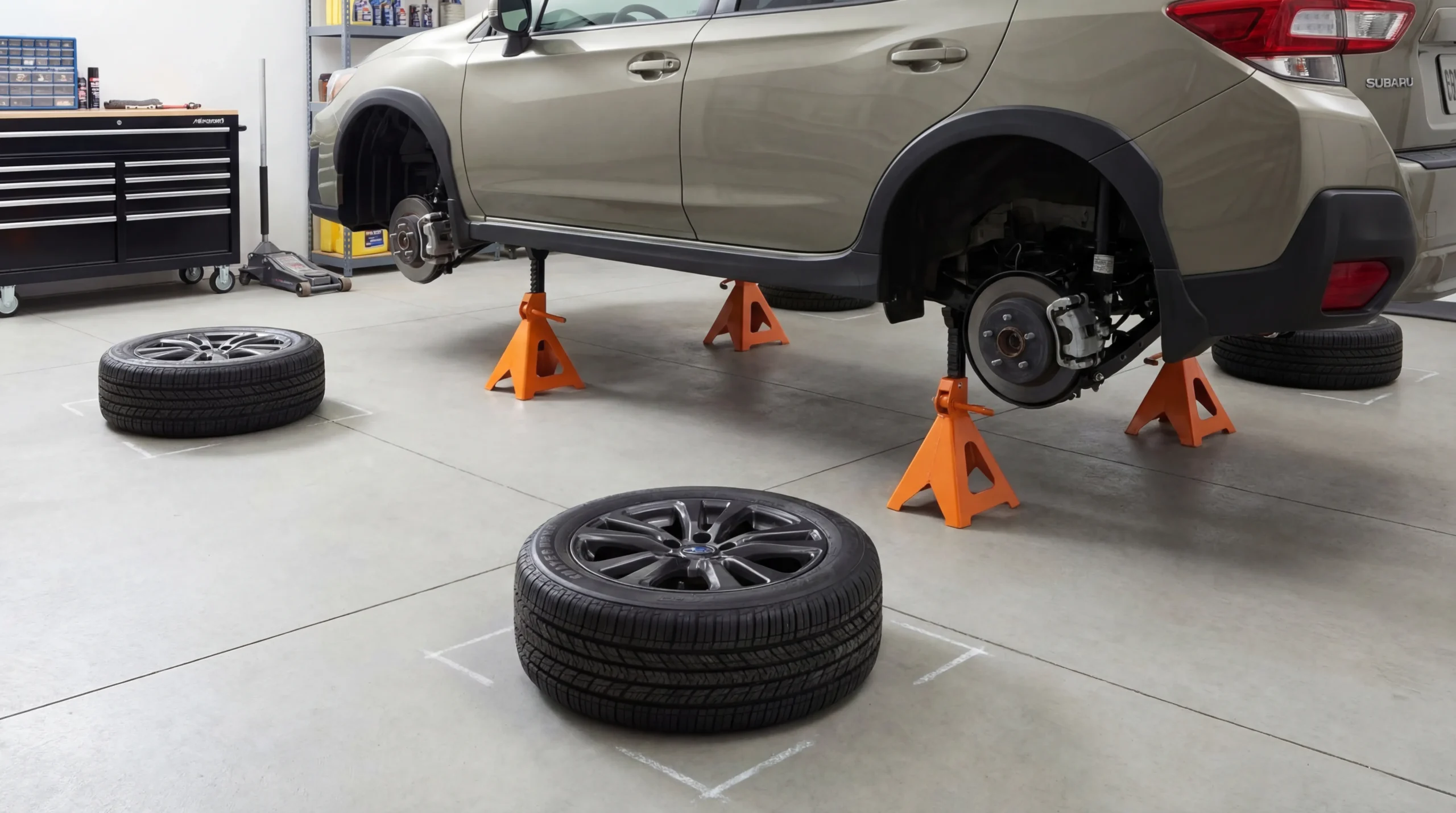 AWD tire rotation setup showing vehicle on jack stands with four wheels removed and arranged in X-pattern on garage floor