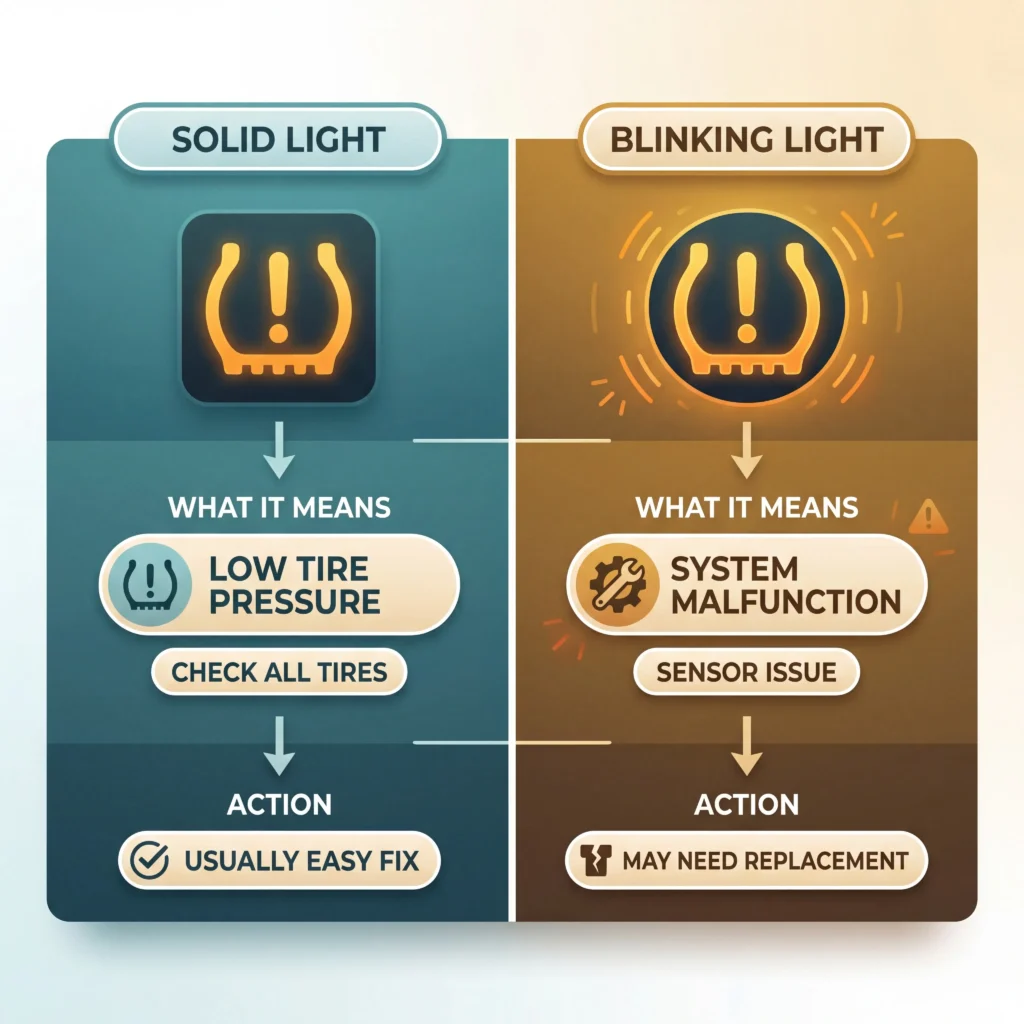 Blinking tire pressure light versus solid light diagram showing different meanings and required actions for each behavior
