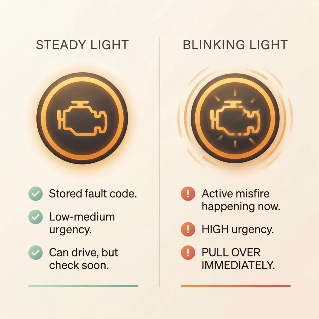 Blinking vs steady check engine light comparison showing urgency levels and recommended driver actions for each warning type
