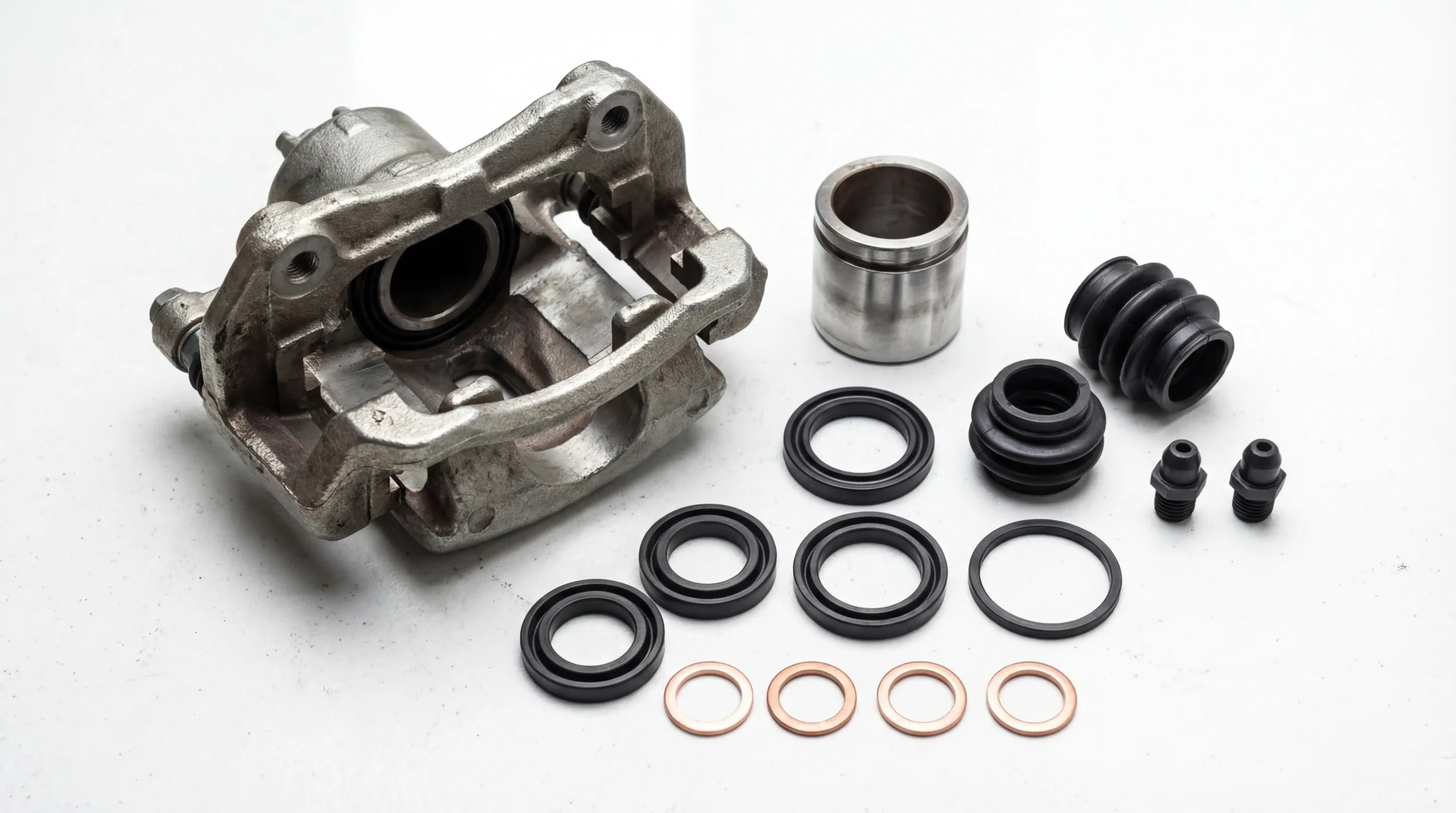 Brake caliper rebuild kit components including piston seals dust boots and hardware spread on workshop surface beside disassembled caliper
