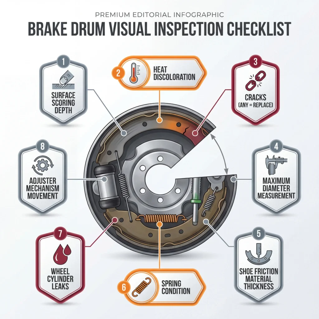 Brake drum inspection checklist showing eight visual indicators for scoring, heat damage, cracks, and wear measurement points