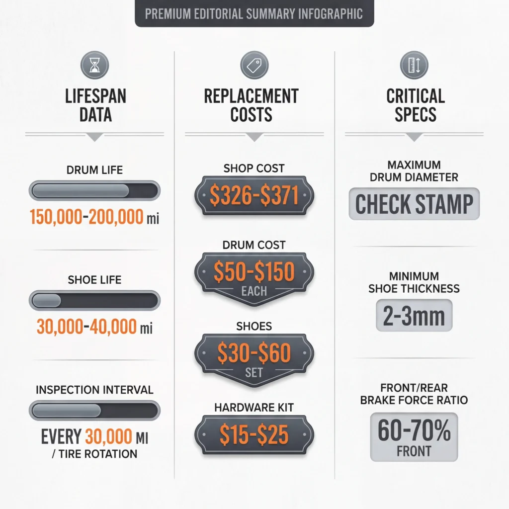 Brake drum specifications infographic showing lifespan data, replacement costs, and critical measurement specs in three-column reference format
