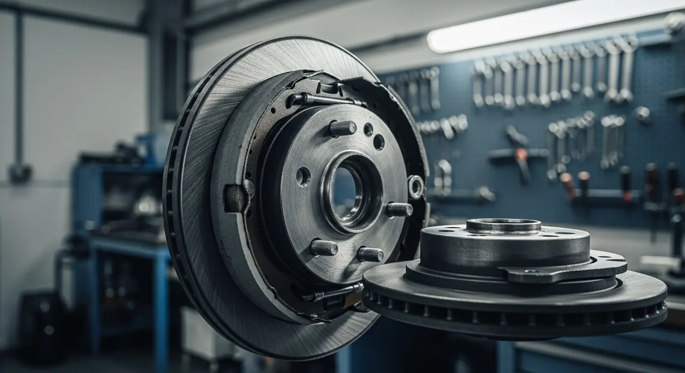 Brake drums assembly showing cast iron drum partially removed from backing plate in professional workshop setting