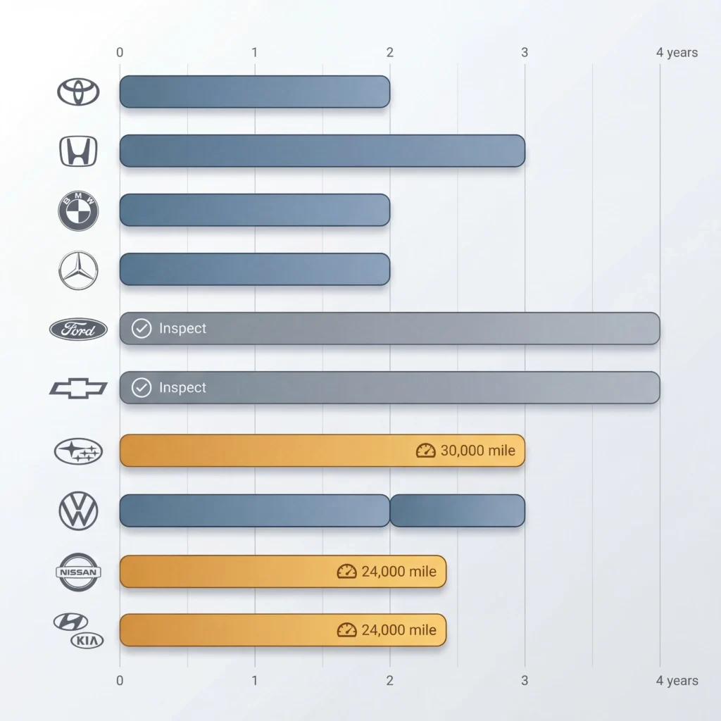 Brake fluid change interval comparison chart showing Toyota Honda BMW and other manufacturer recommendations from two to three years