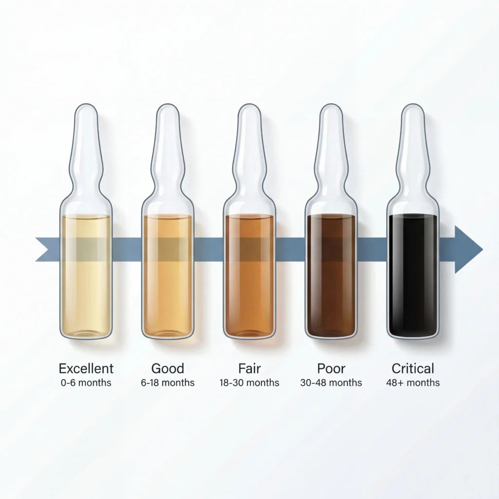 Brake fluid color chart showing five stages from clear golden new fluid to black contaminated fluid requiring immediate replacement