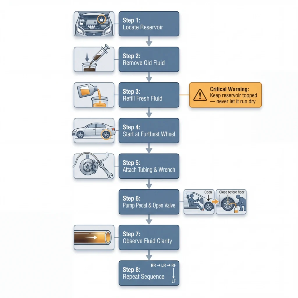DIY brake fluid flush procedure flowchart showing eight steps from reservoir location through four wheel bleeding sequence