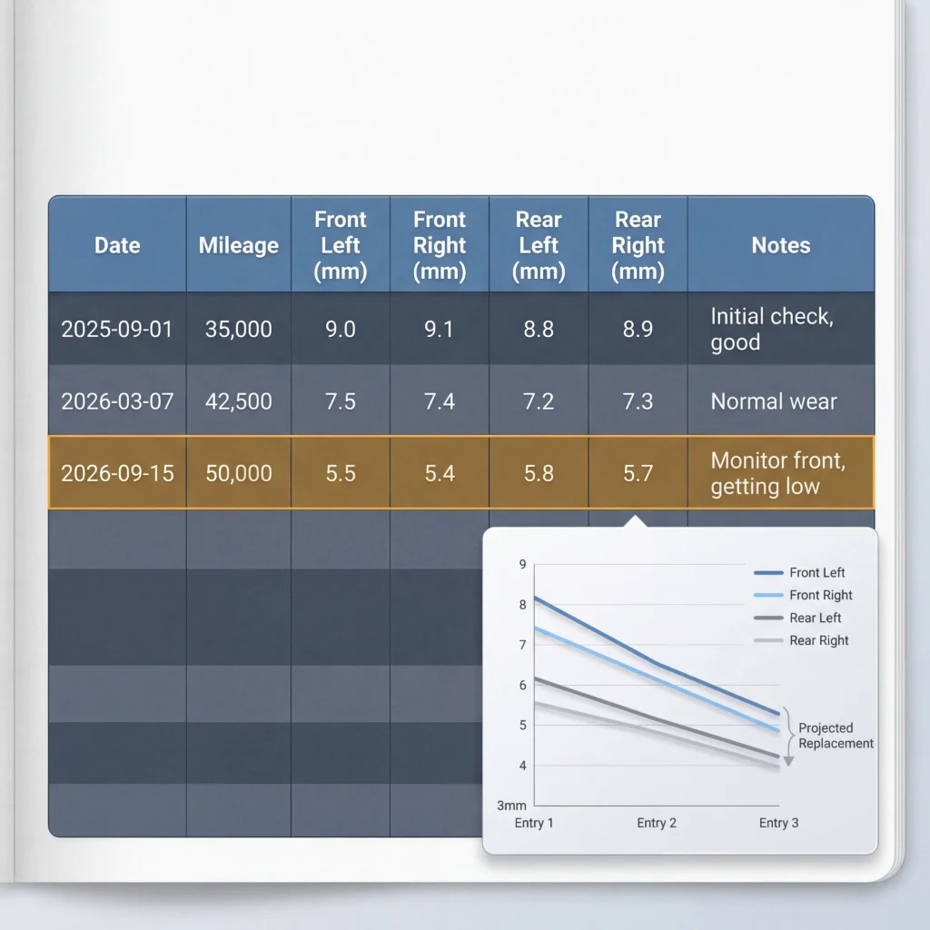 Brake pad maintenance log template showing sample entries tracking date mileage and thickness readings across all four wheels over time