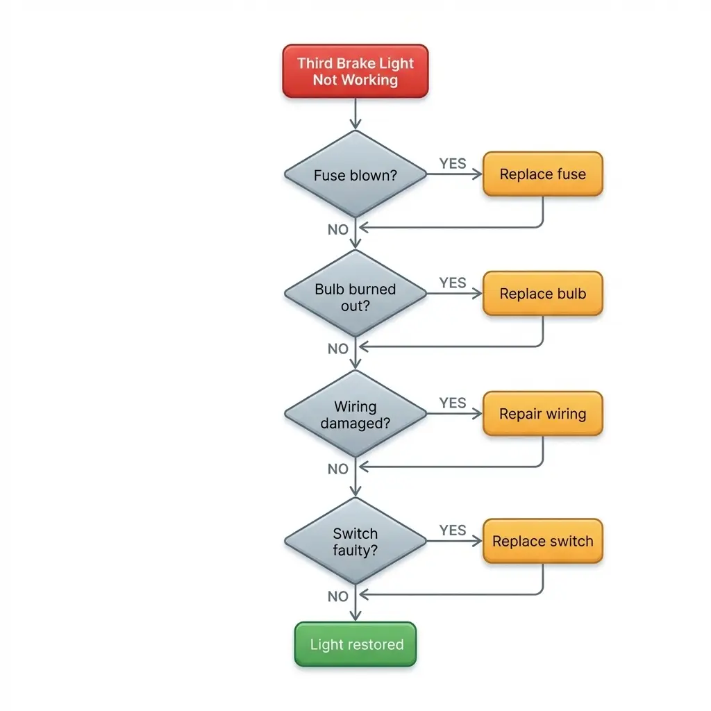 Third brake light problems diagnostic flowchart showing troubleshooting sequence from fuse to bulb to wiring to switch