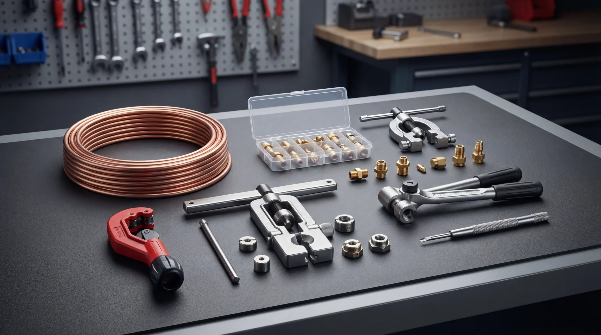 Brake line repair kit components including copper-nickel tubing flaring tool and fittings arranged on workshop surface