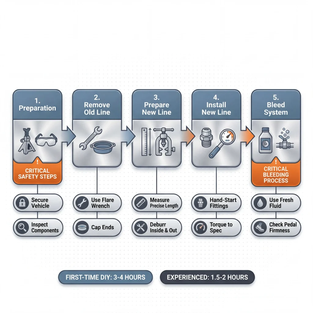 Brake line replacement procedure flowchart showing five stages from preparation through bleeding the brake system