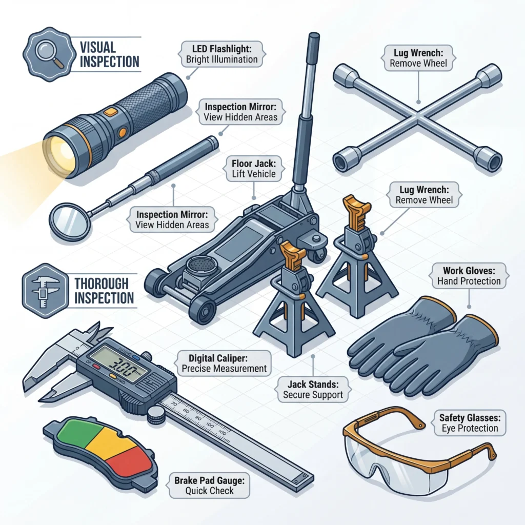 Brake pad inspection tools layout showing flashlight gauge caliper safety glasses jack stands and lug wrench arranged by purpose
