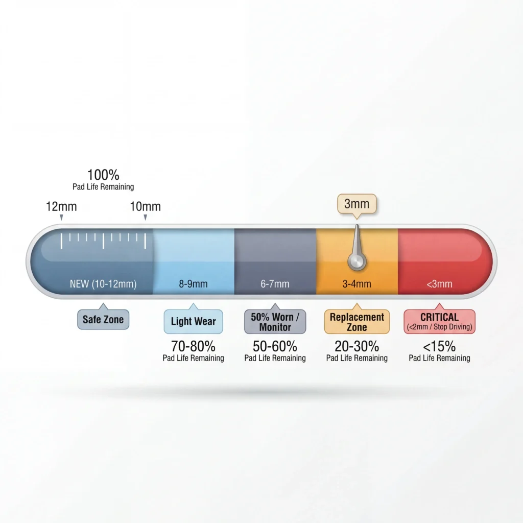 Brake pad thickness chart showing color-coded wear zones from new at 12mm through critical below 3mm with percentage life remaining