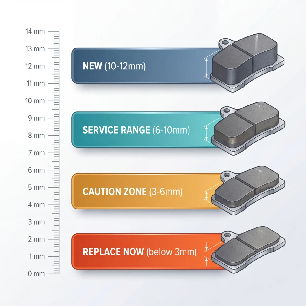 Brake pad thickness chart showing new pad at 12mm down to replacement threshold at 3mm with color coded zones