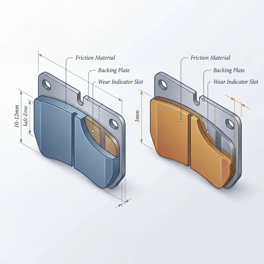 Brake pad thickness comparison showing new pad at 10-12mm versus worn pad at 3mm replacement threshold with measurement markers