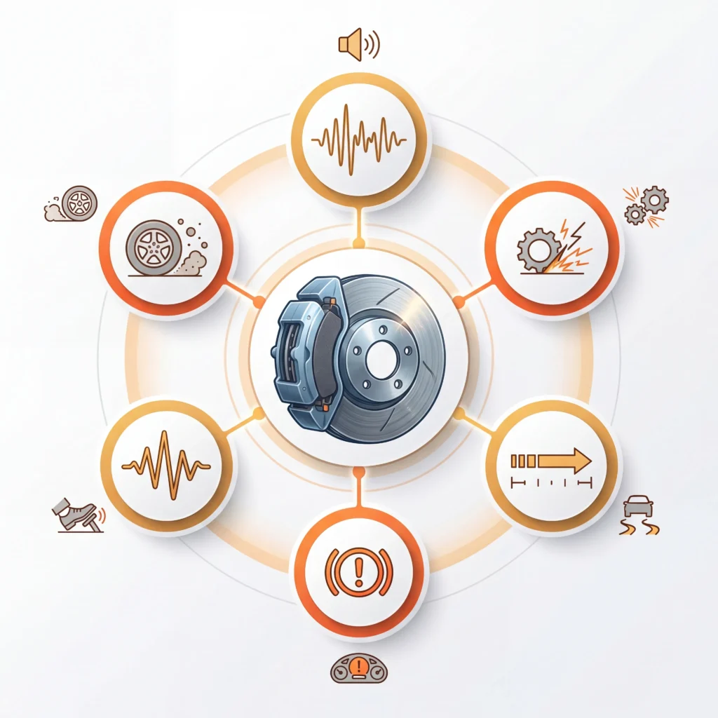 Brake pad warning signs diagram showing six symptoms including squealing noise grinding and dashboard warning indicators