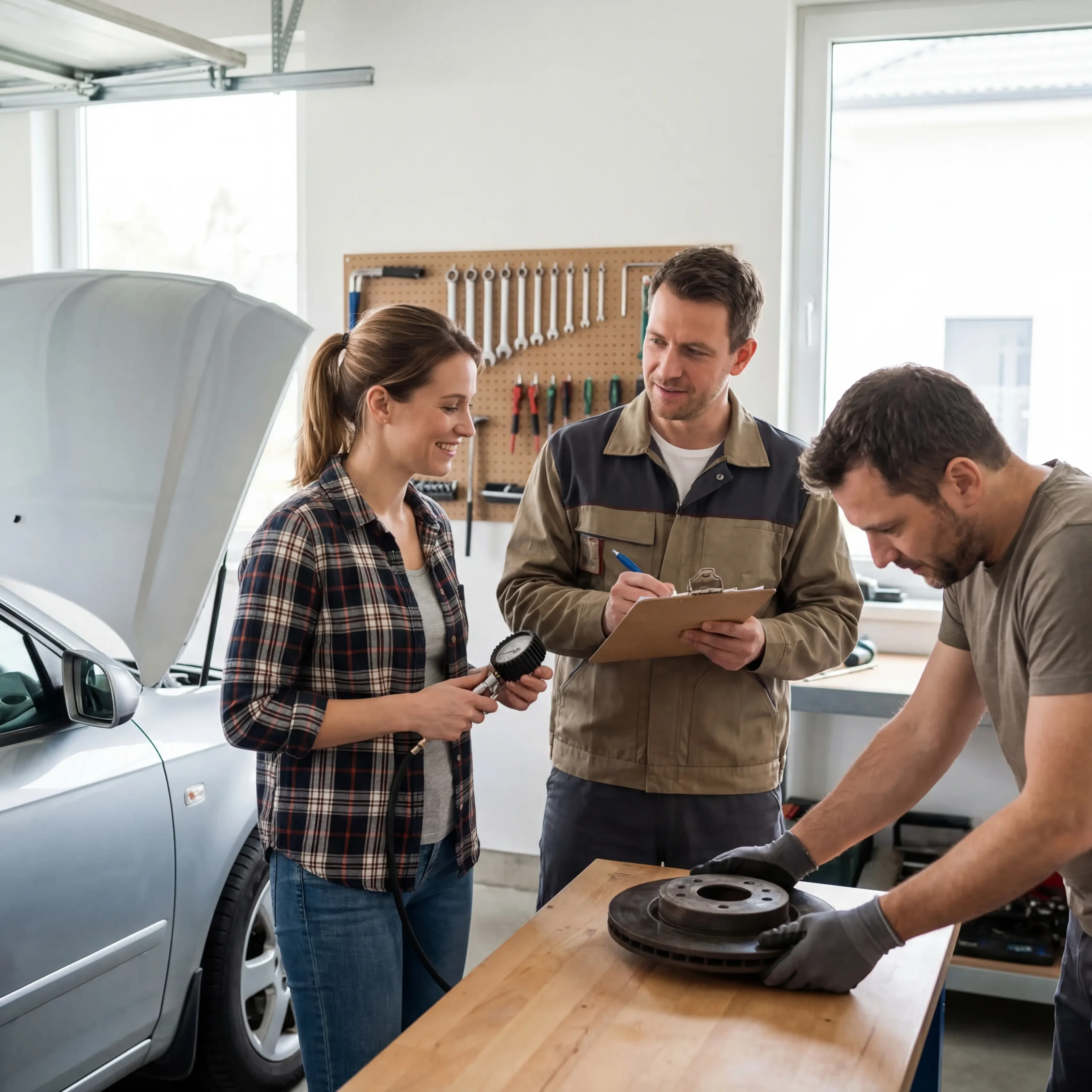 BrakeTireGuide team discussing brake and tire maintenance in a home garage