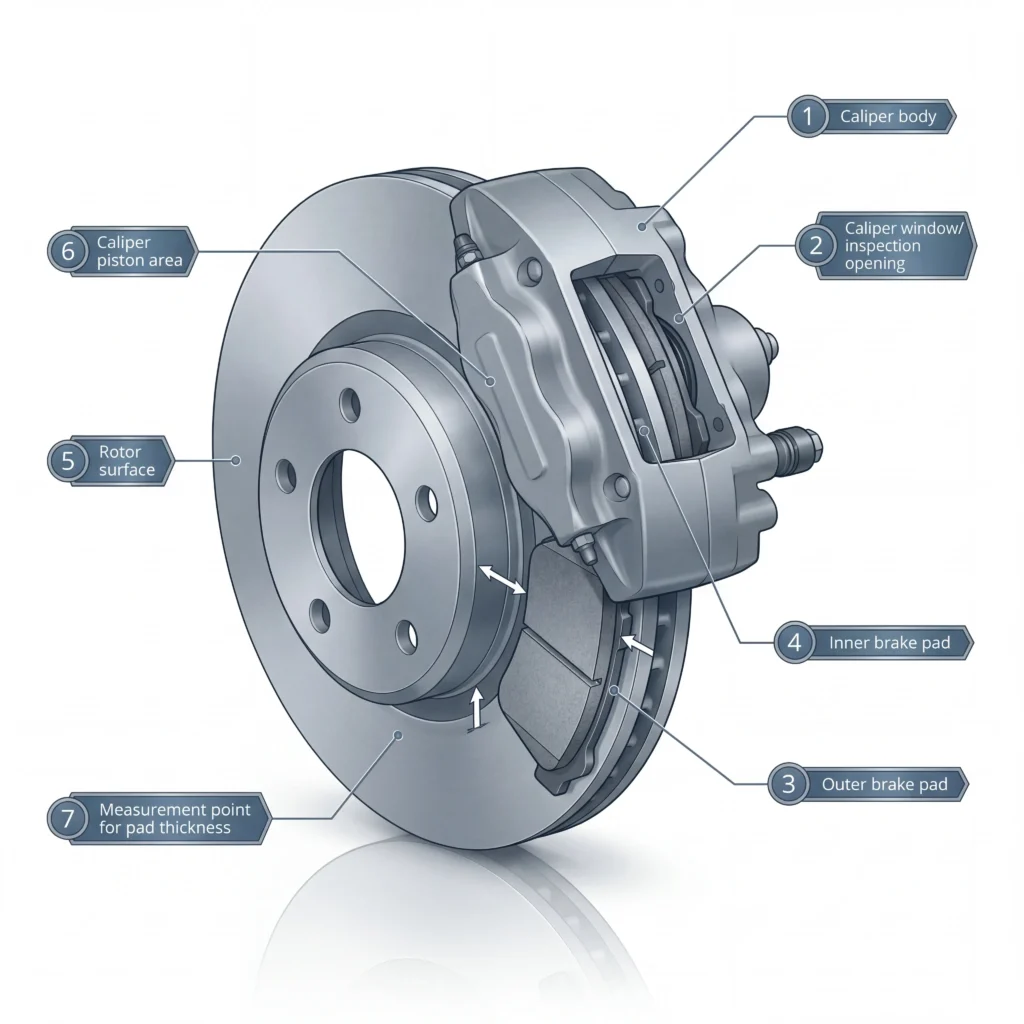 Annotated brake caliper diagram showing outer pad inner pad through caliper window rotor and measurement points for thickness check