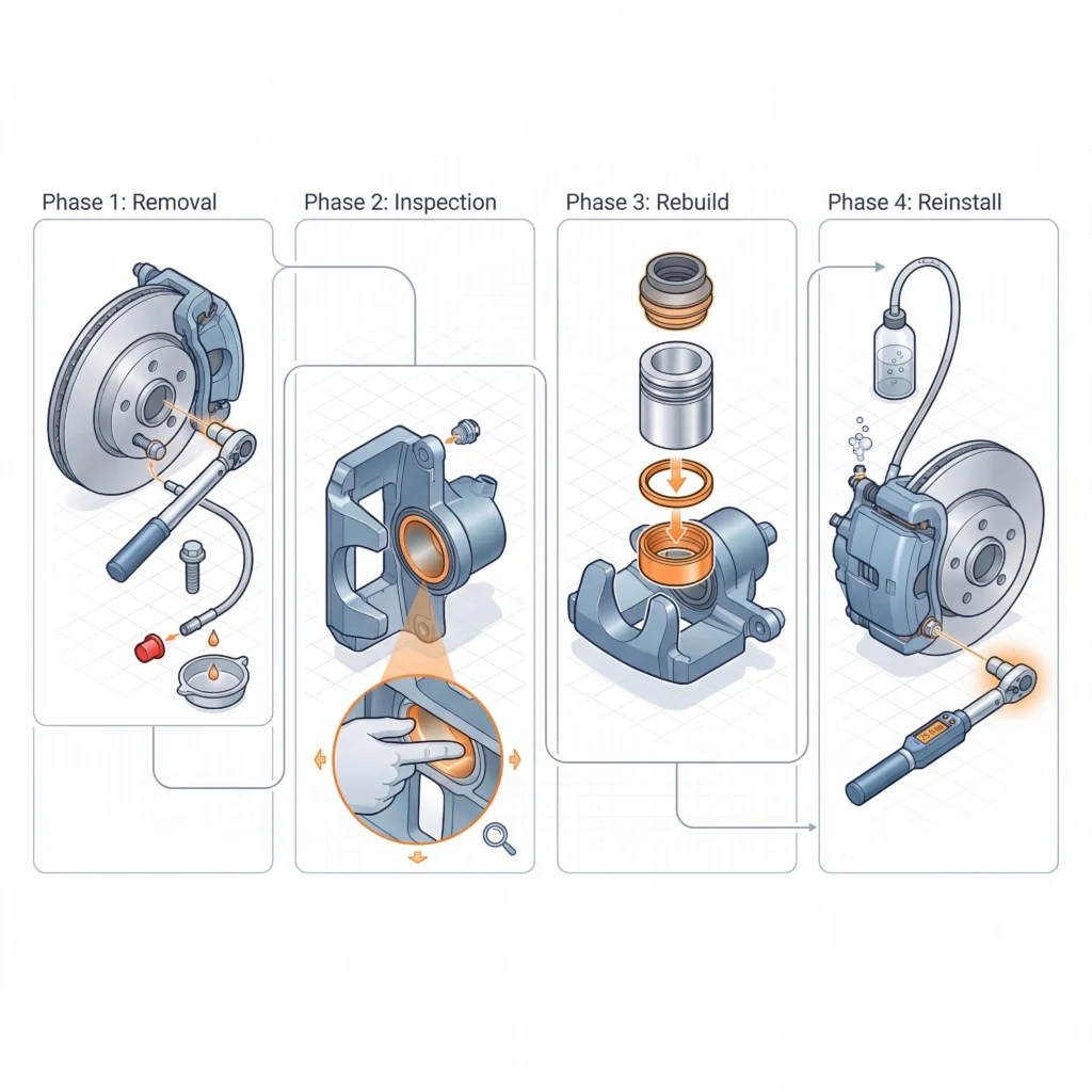 Caliper piston seal rebuild process diagram showing four phases from removal through inspection rebuild and reinstallation with annotated details
