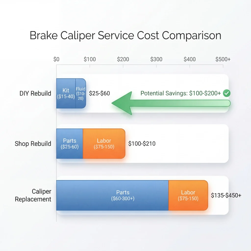 Caliper rebuild cost comparison chart showing DIY rebuild at twenty-five to sixty dollars versus shop service and full replacement options up to four hundred fifty dollars