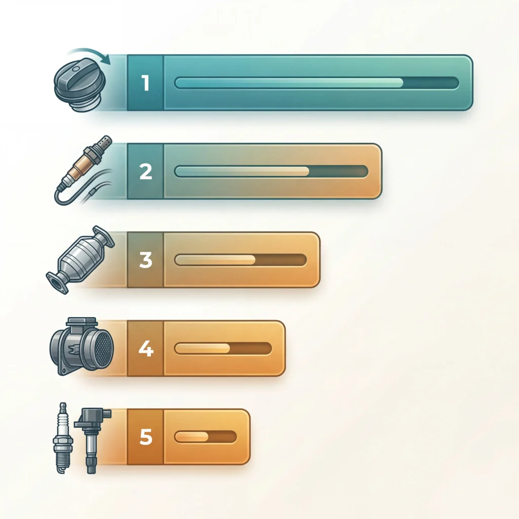 Ranked chart of common check engine causes from loose gas cap to spark plug failures by frequency