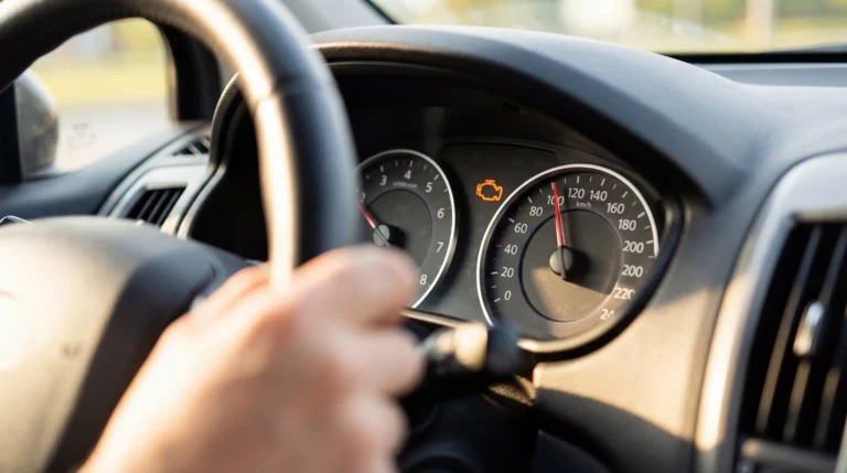 Check engine light blinking on car dashboard with orange warning indicator illuminated during daytime driving