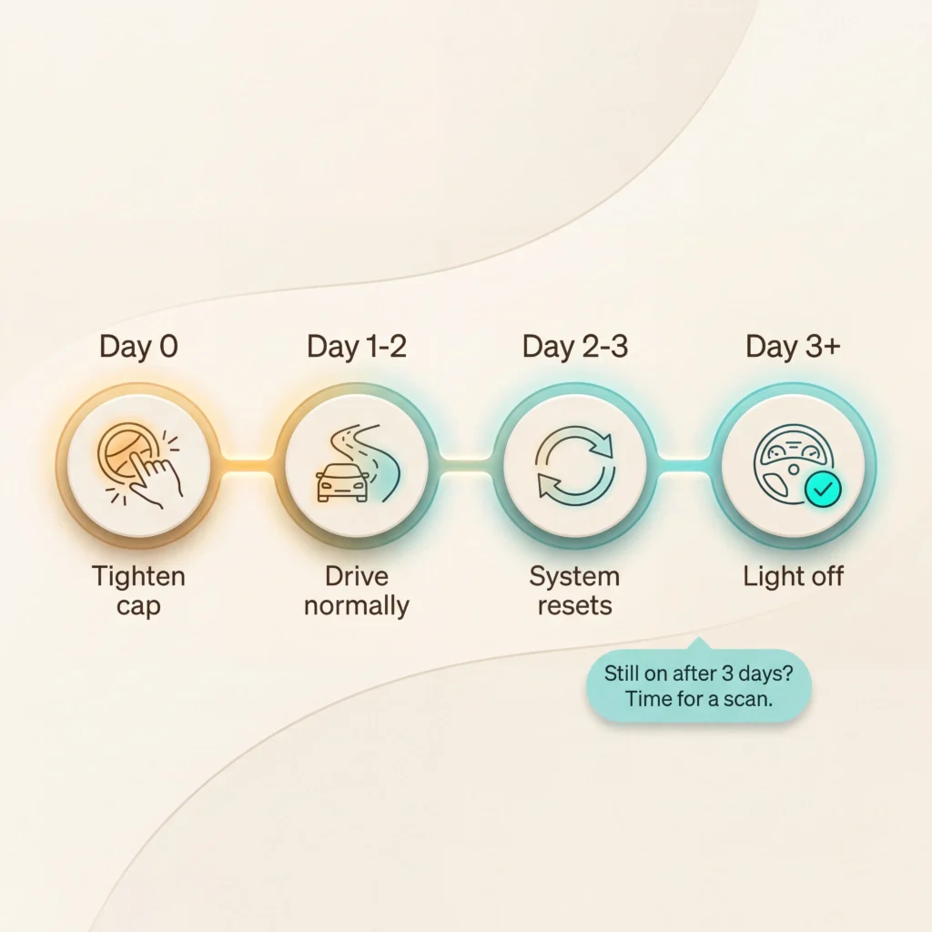 Reset timeline showing check engine light turning off 2-3 days after tightening loose gas cap with daily milestone markers