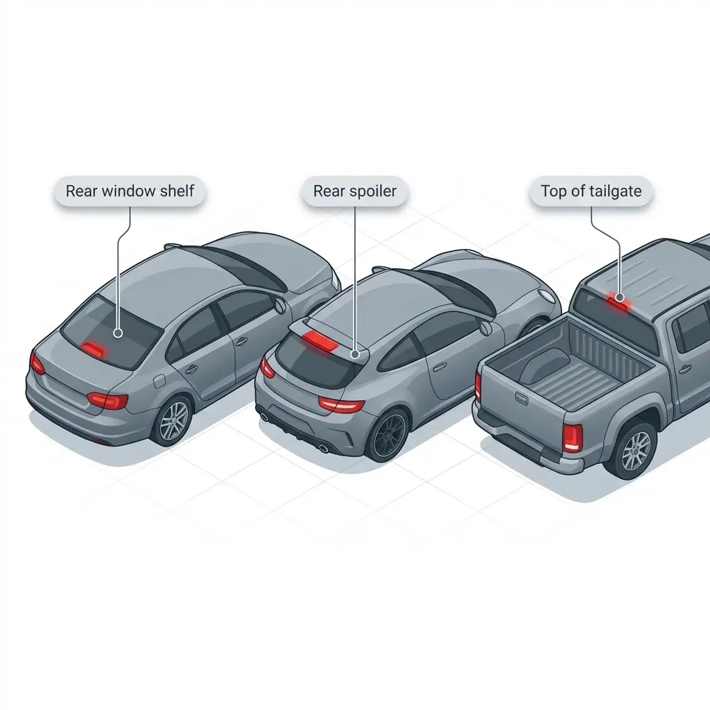 CHMSL mounting locations diagram showing center high-mount stop lamp positions on sedan hatchback and truck rear views