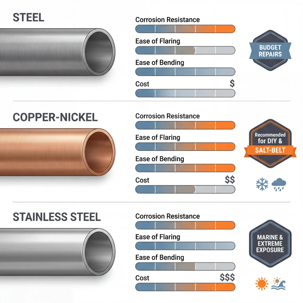 Copper-nickel versus steel versus stainless brake line tubing material comparison with corrosion and flaring ratings