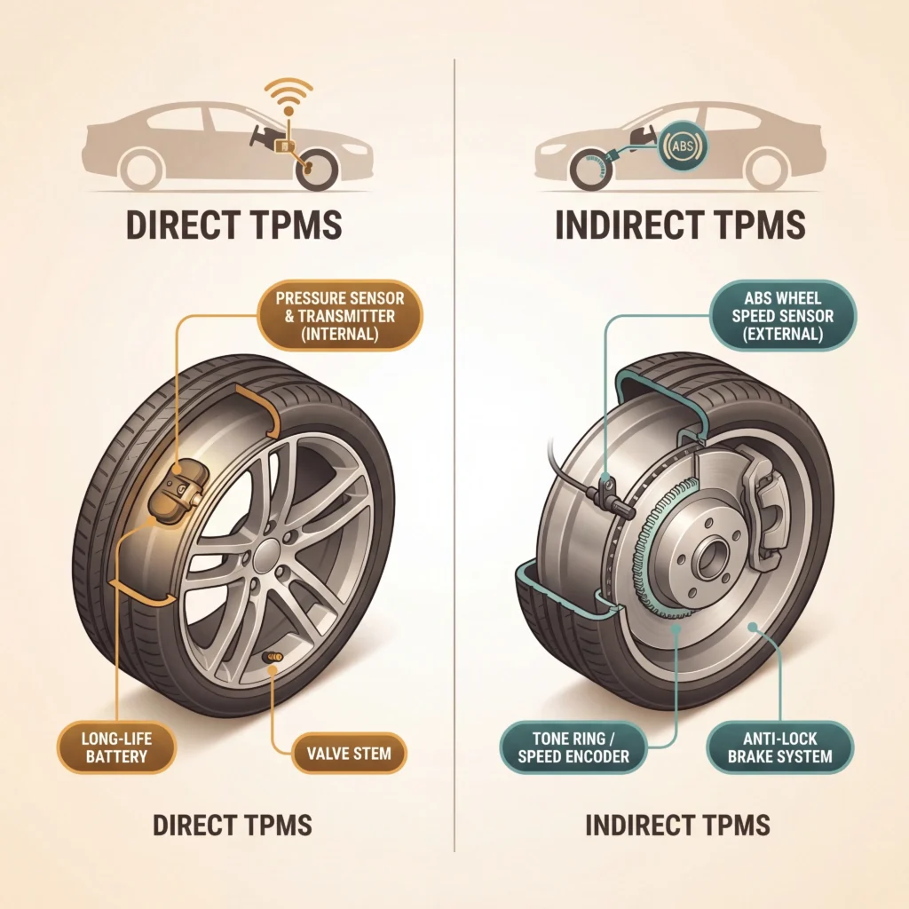 Direct TPMS versus indirect TPMS diagram showing pressure sensor inside tire compared to ABS wheel speed sensor