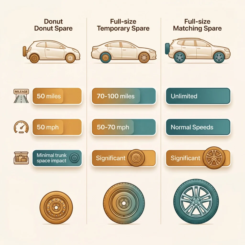 Donut spare tire compared to full-size temporary and matching spares showing distance speed and space differences