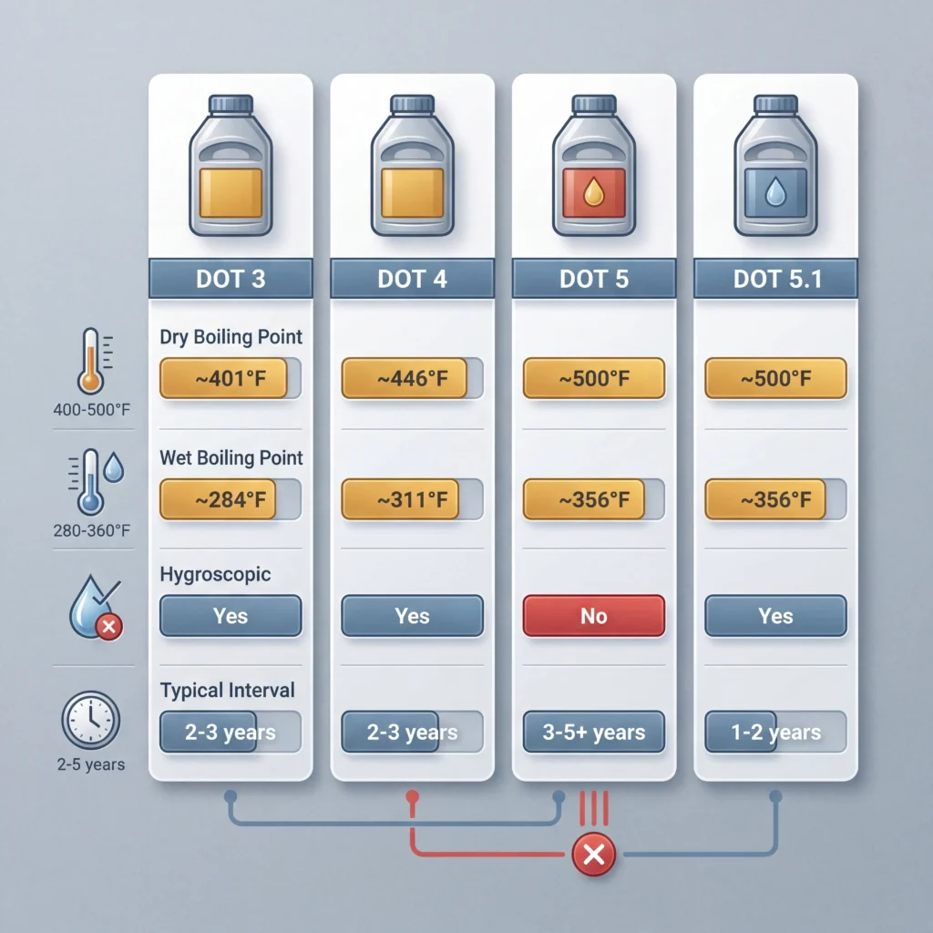 DOT 3 vs DOT 4 vs DOT 5 brake fluid comparison showing boiling points hygroscopic properties and compatibility differences