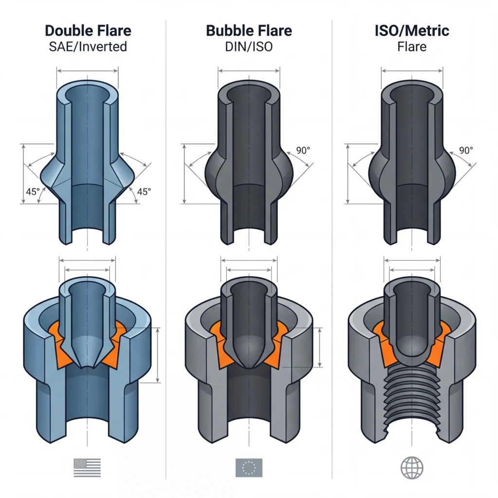 Double flare versus bubble flare brake line cross-section diagram showing geometry differences and fitting seat angles