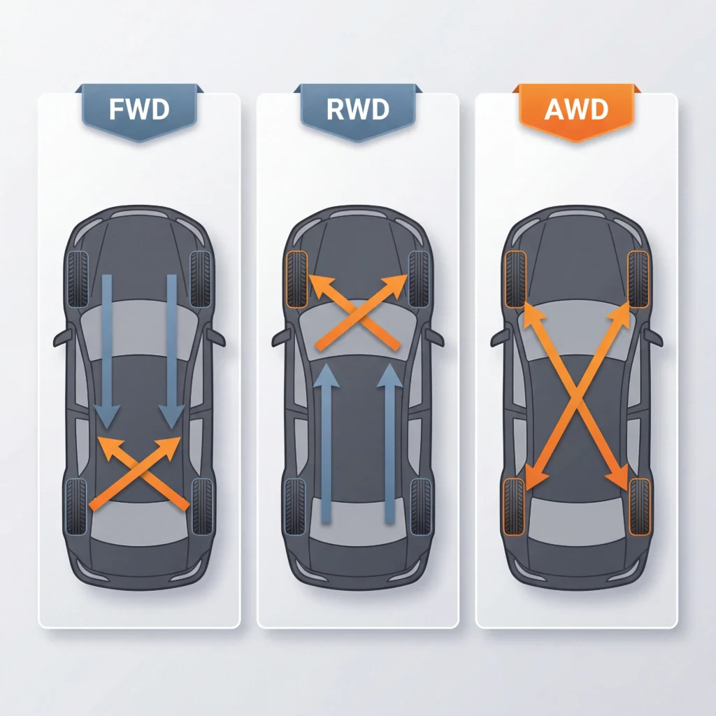 Comparison chart showing FWD forward cross, RWD rearward cross, and AWD X-pattern tire rotation differences