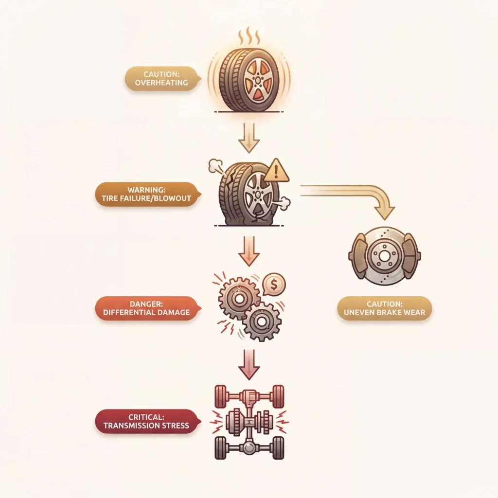 Flowchart showing damage progression from tire overheating to differential and transmission damage when exceeding spare tire limits
