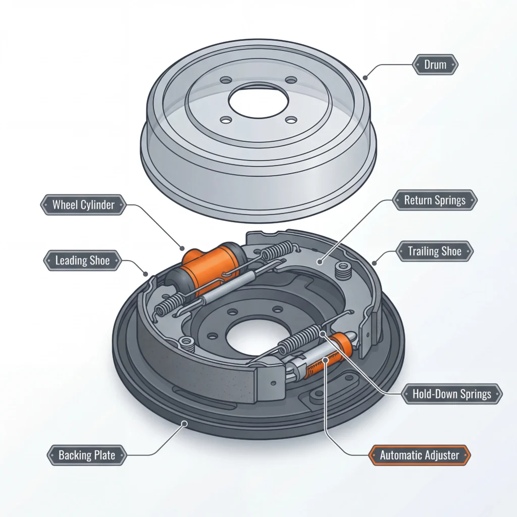 Drum brake components diagram showing wheel cylinder, brake shoes, return springs, and automatic adjuster in exploded isometric view