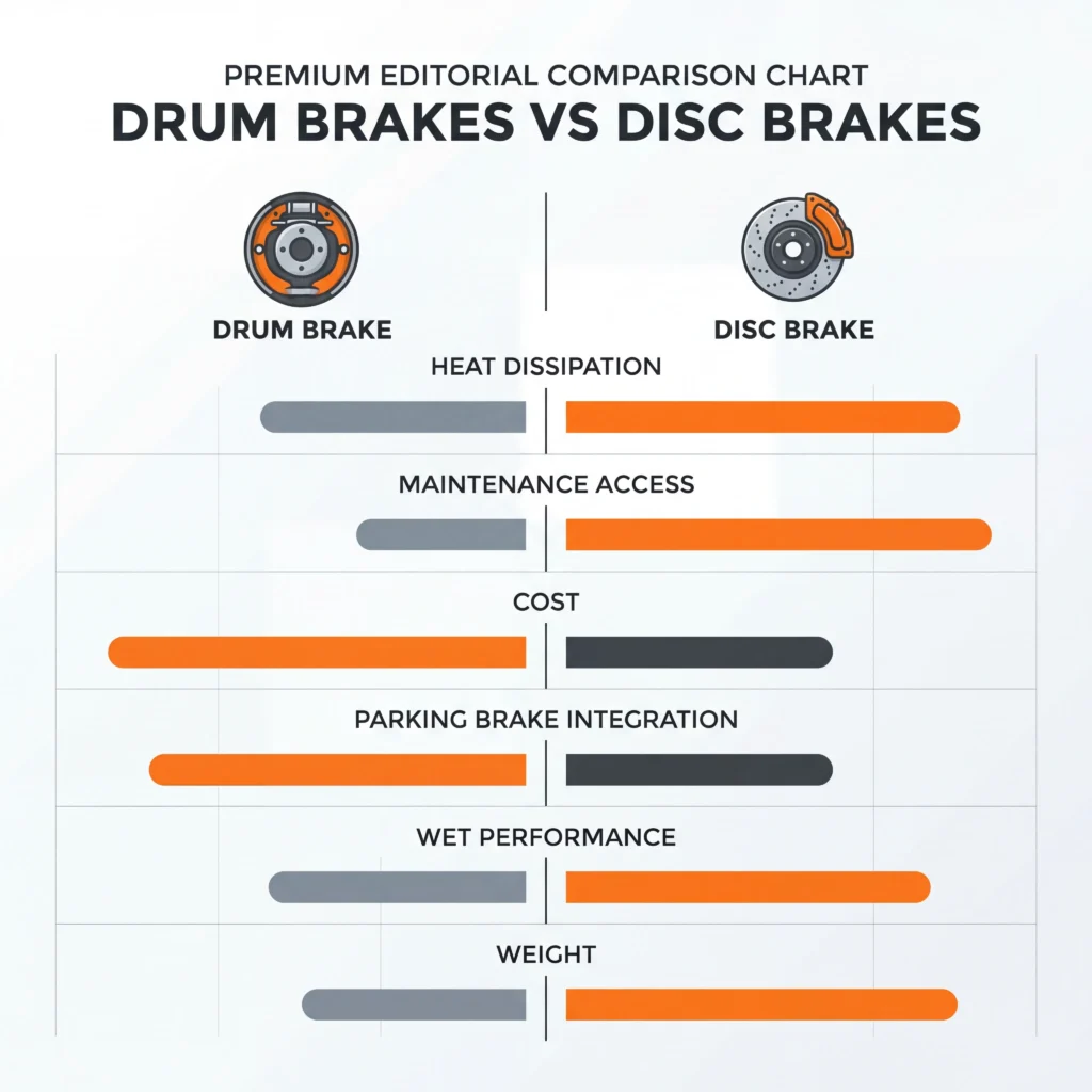 Drum brakes vs disc brakes comparison chart showing performance ratings for heat dissipation, maintenance, cost, and wet performance