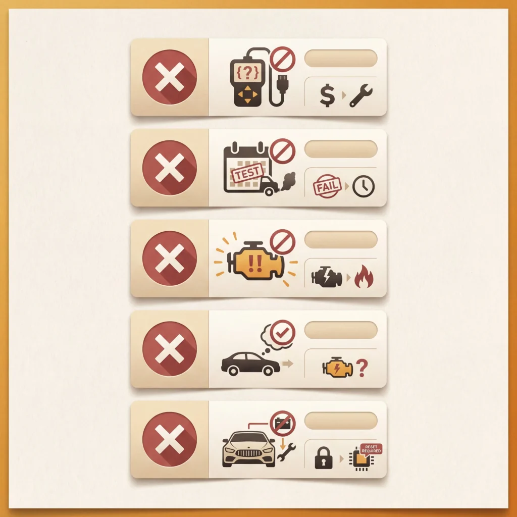 Checklist of five engine light reset mistakes including clearing codes before diagnosis and pre-inspection timing errors