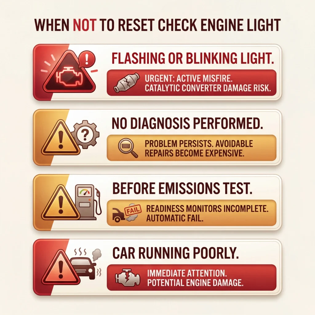Warning infographic showing four engine light situations where resetting without repair causes serious problems