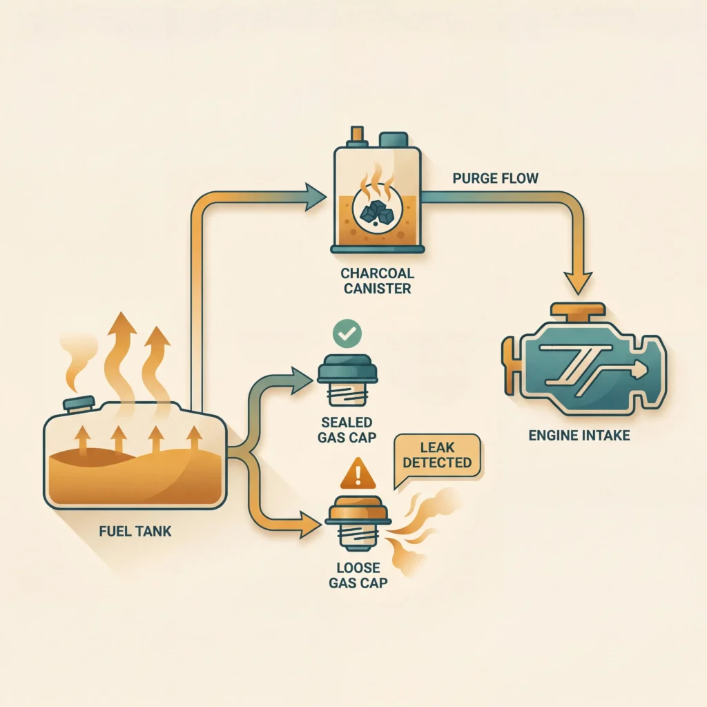 EVAP system diagram showing how fuel vapors flow from tank through charcoal canister to engine and how loose gas cap breaks the seal