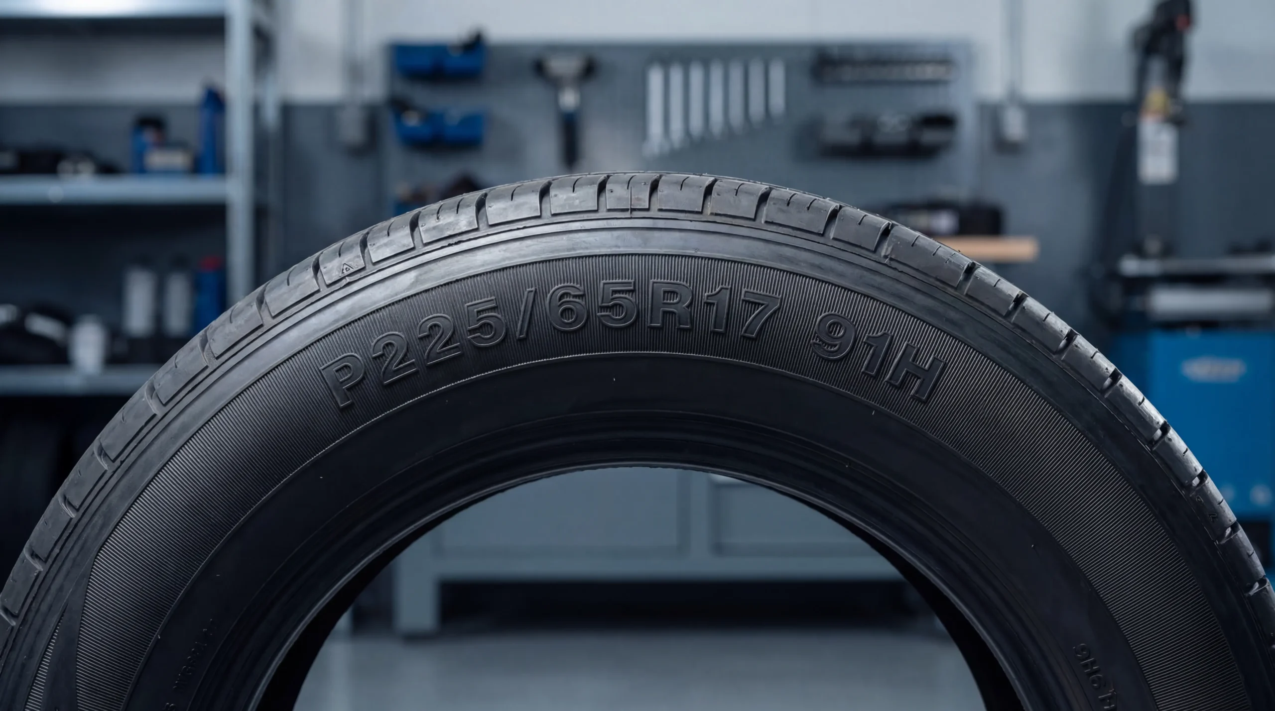 Explain tire size measurements shown on a car tire sidewall with visible size markings in a professional automotive setting