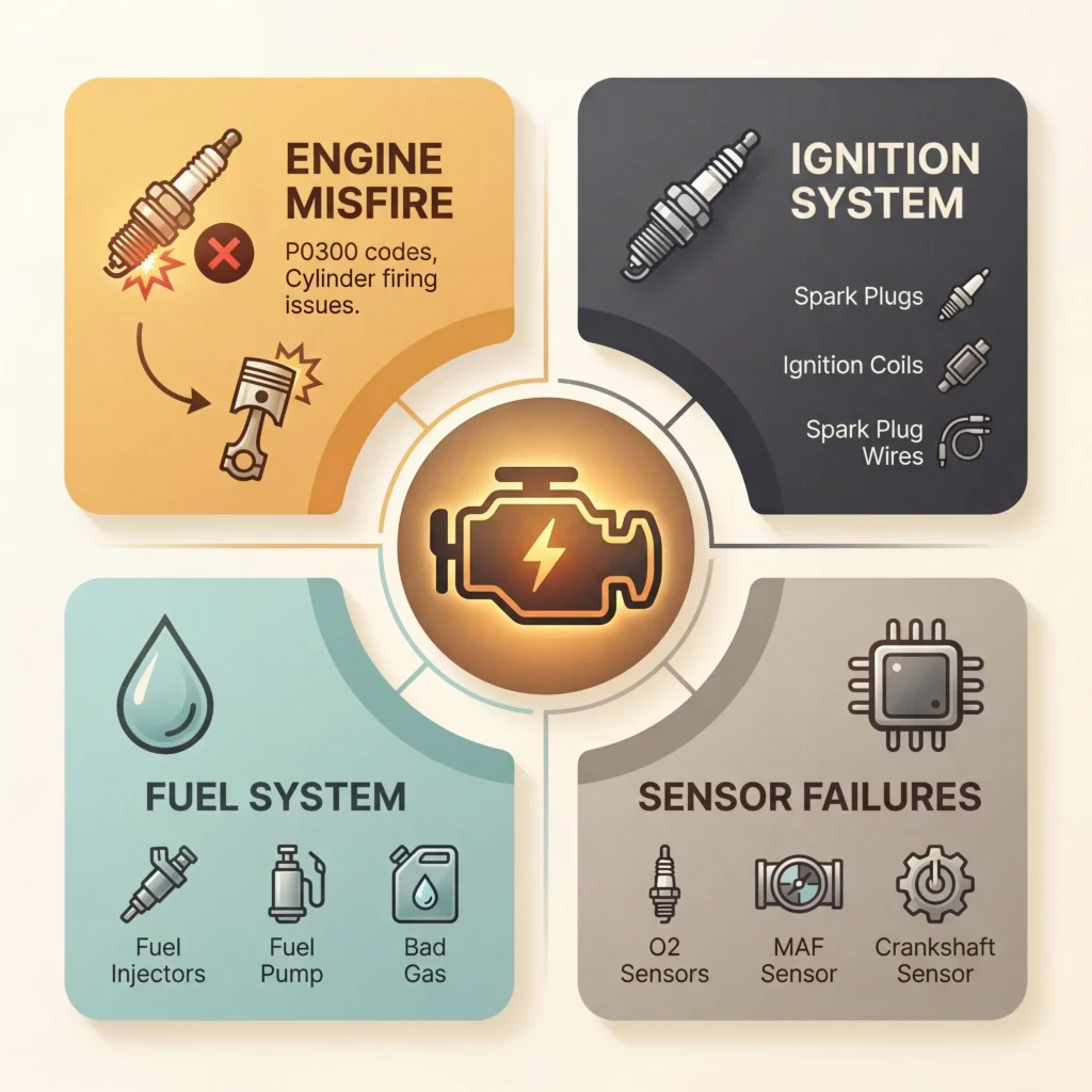 Flashing check engine light causes infographic showing engine misfire, ignition system, fuel system, and sensor failure categories