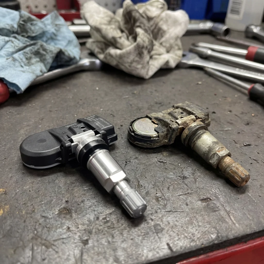 Flashing TPMS light troubleshooting flowchart showing six diagnostic steps from pressure check to sensor scan