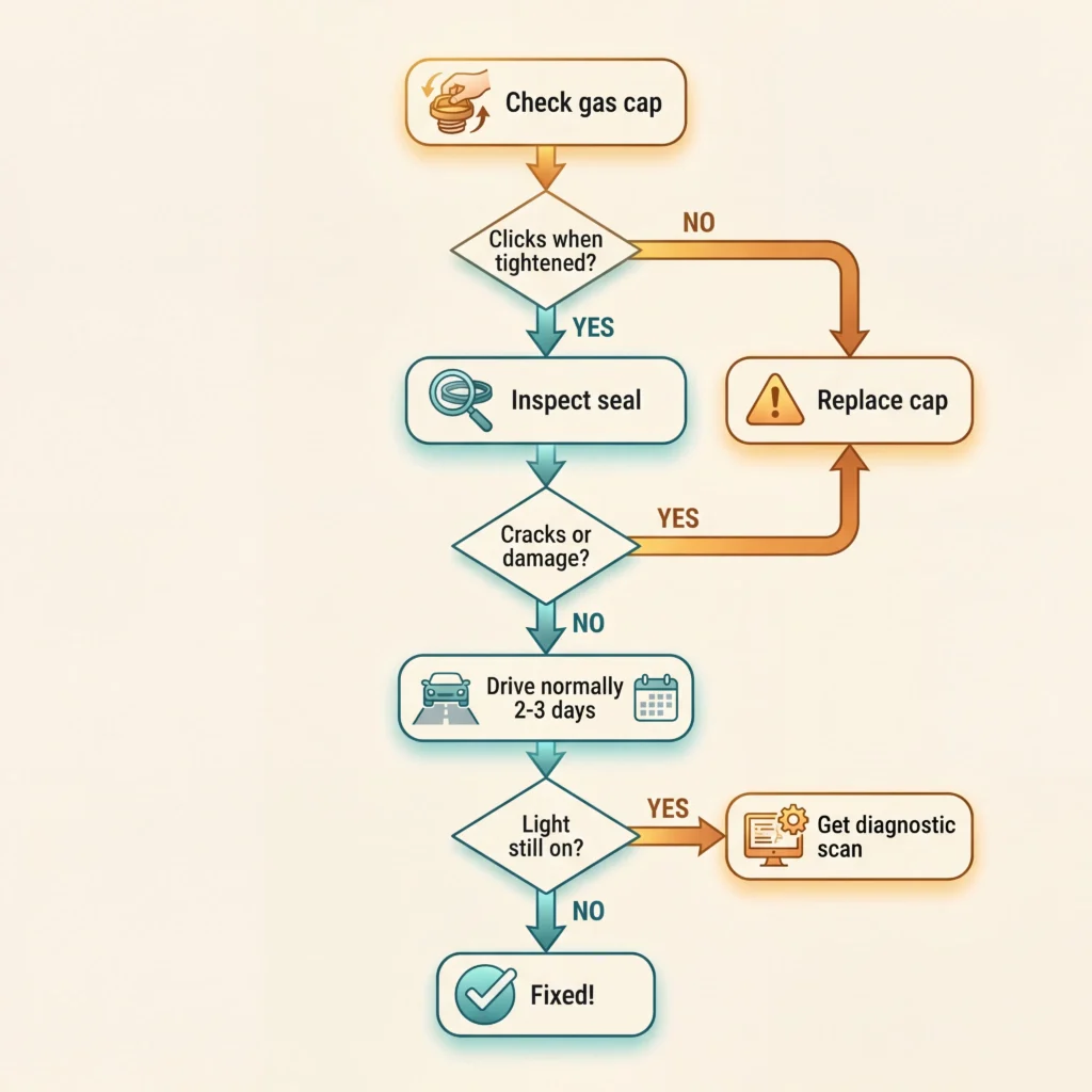 Gas cap diagnostic flowchart with four steps to check if loose cap caused check engine light including seal inspection and reset timeline