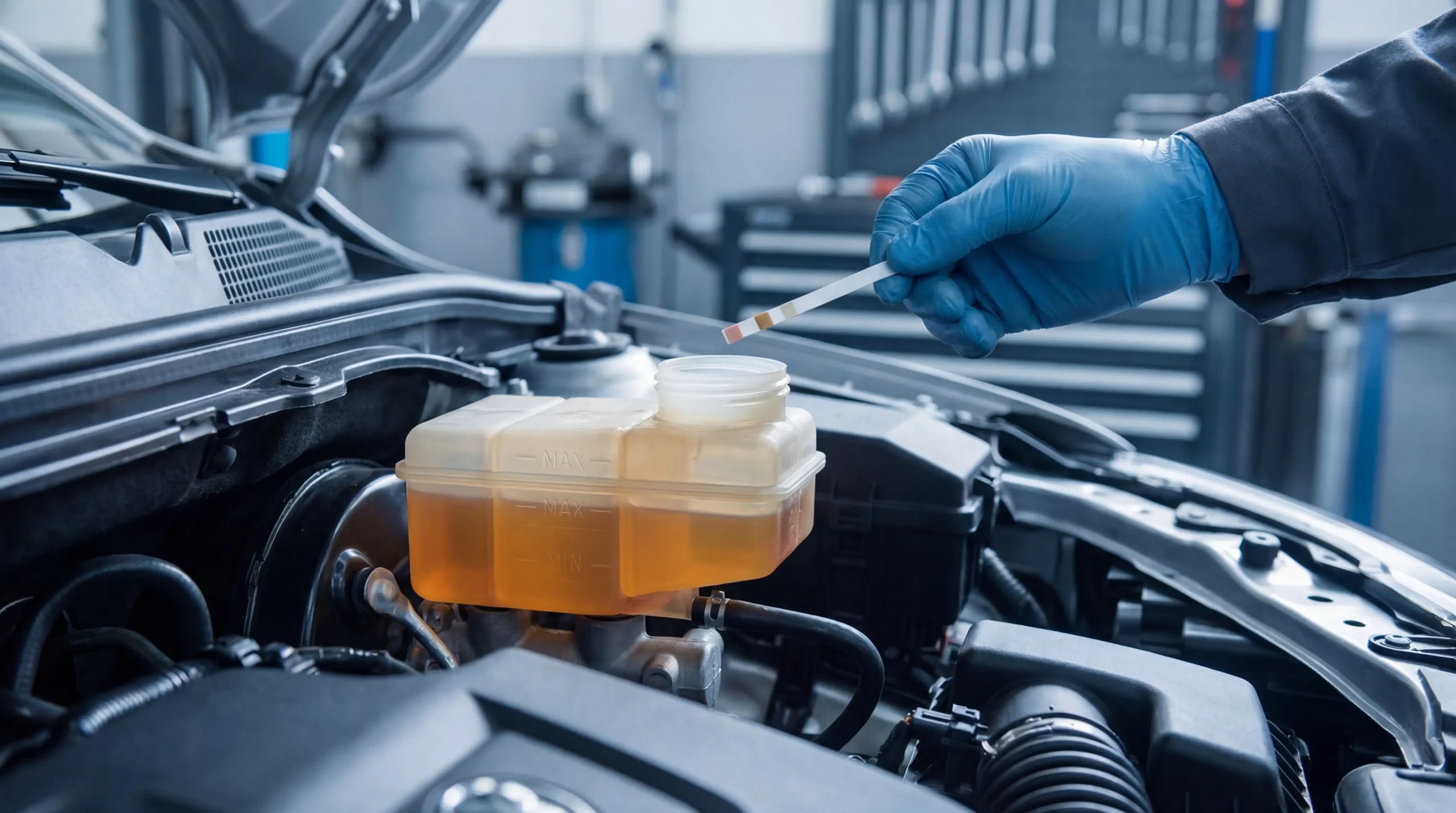 Brake fluid reservoir showing amber fluid level being tested with a moisture strip during routine maintenance check