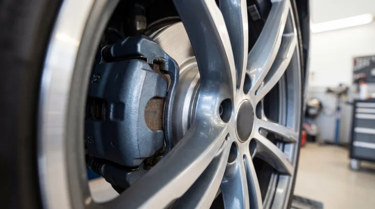 How to check brake pads through wheel spokes showing caliper and rotor assembly with visible pad thickness