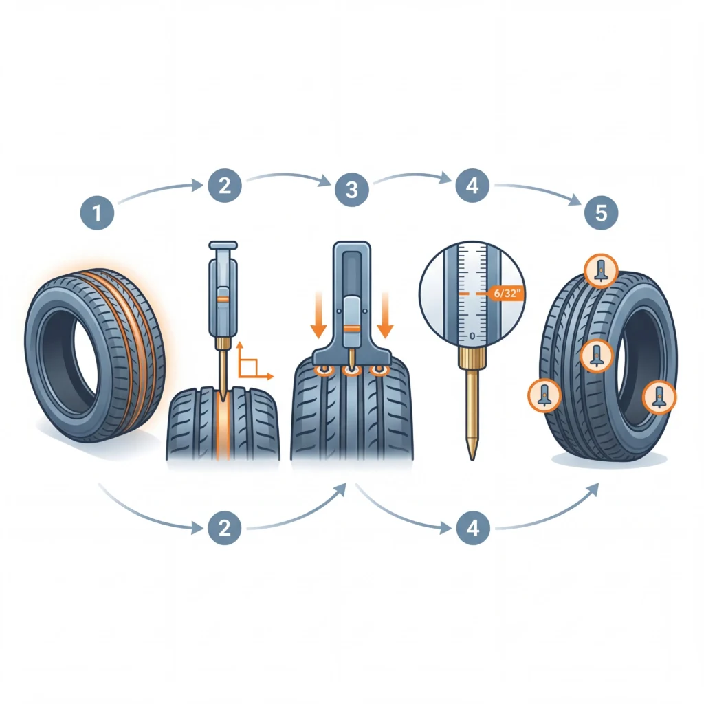 How to measure tire tread depth step by step diagram showing gauge insertion angles and measurement locations