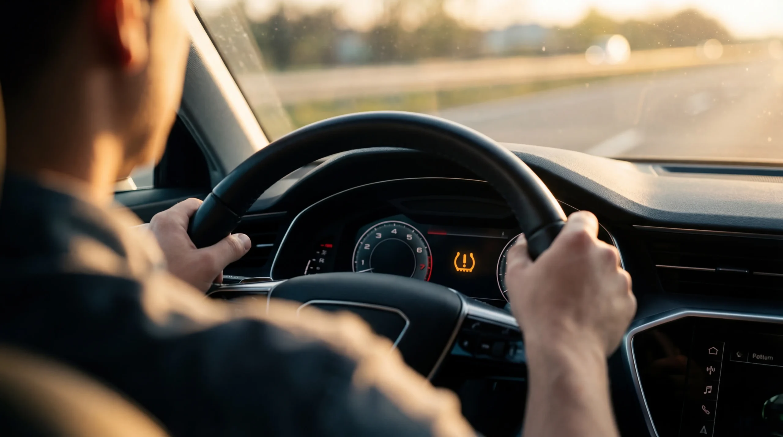 How to reset tire pressure light shown glowing amber on car dashboard instrument cluster with driver hands on steering wheel