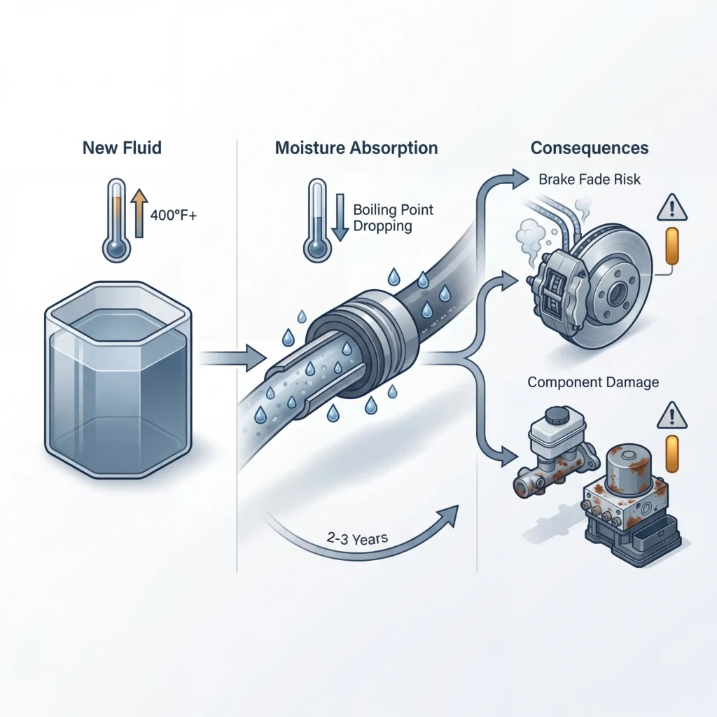 Diagram showing how hygroscopic brake fluid absorbs moisture over time leading to lower boiling point and potential brake fade