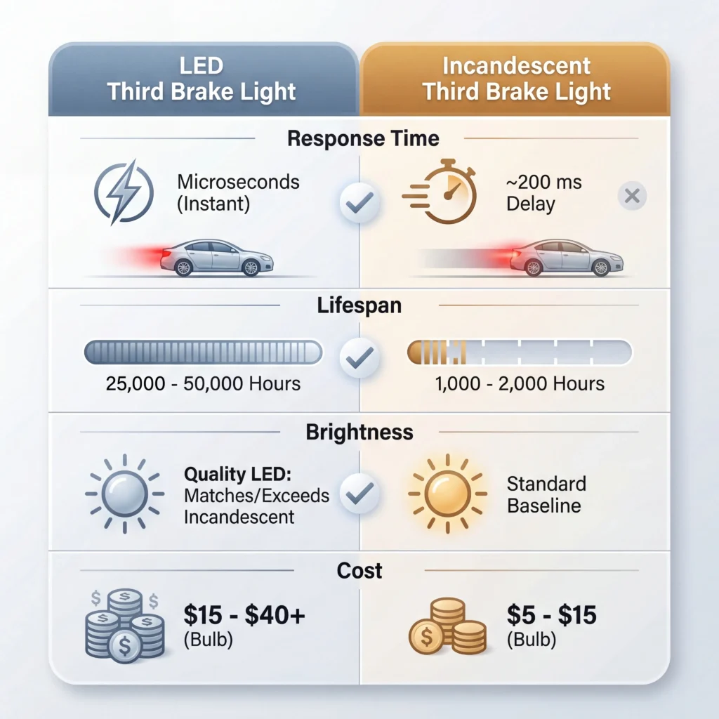 LED third brake light versus incandescent comparison chart showing response time lifespan brightness and cost differences